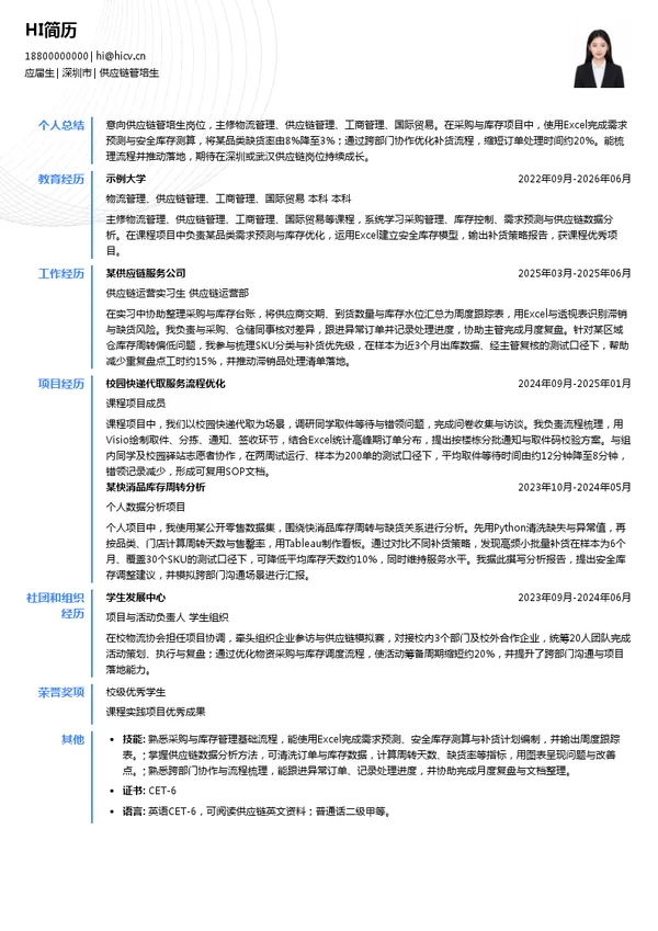 深圳市华海互通科技有限公司供应链管培生投递简历模板