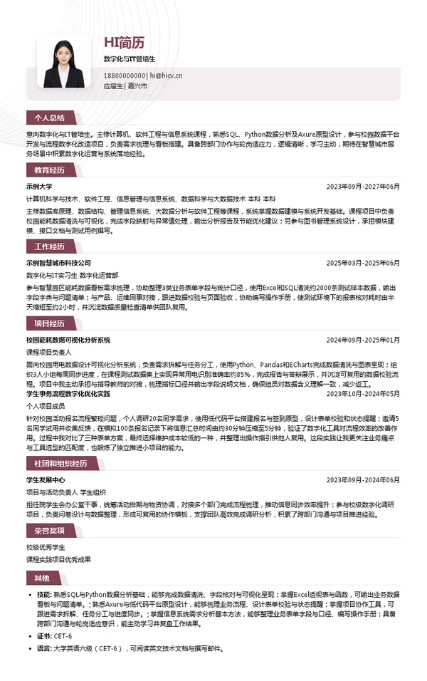 中能（天津）国际人工智能科技有限公司数字化与IT管培生投递简历模板