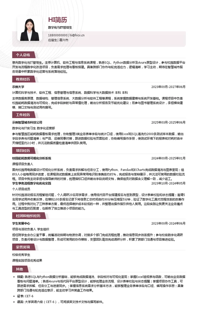 中能（天津）国际人工智能科技有限公司数字化与IT管培生投递简历模板