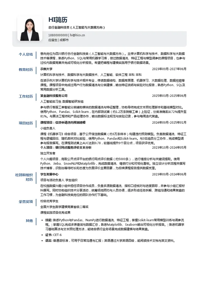 四川银行总行金融科技类（人工智能与大数据方向）投递简历模板