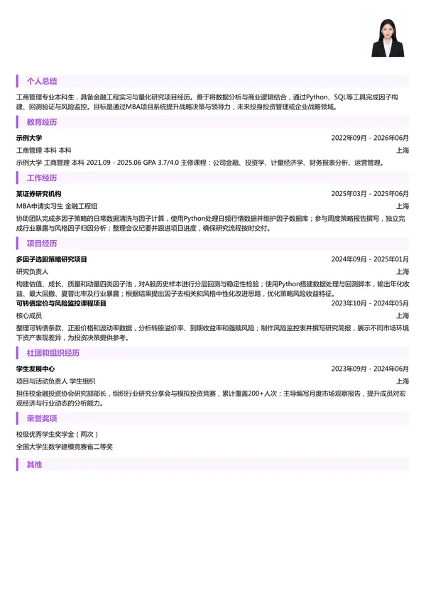 大学生MBA申请简历模板