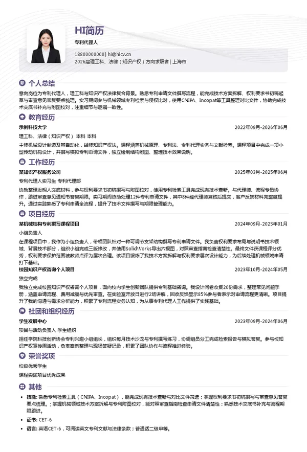社招专利代理人简历模板