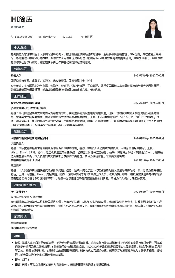 上海高盟国际贸易有限公司管理培训生投递简历模板