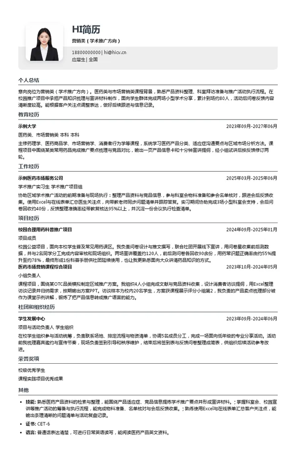 汇仁医药营销类（学术推广方向）投递简历模板
