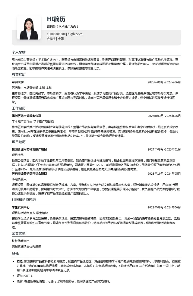 汇仁医药营销类（学术推广方向）投递简历模板