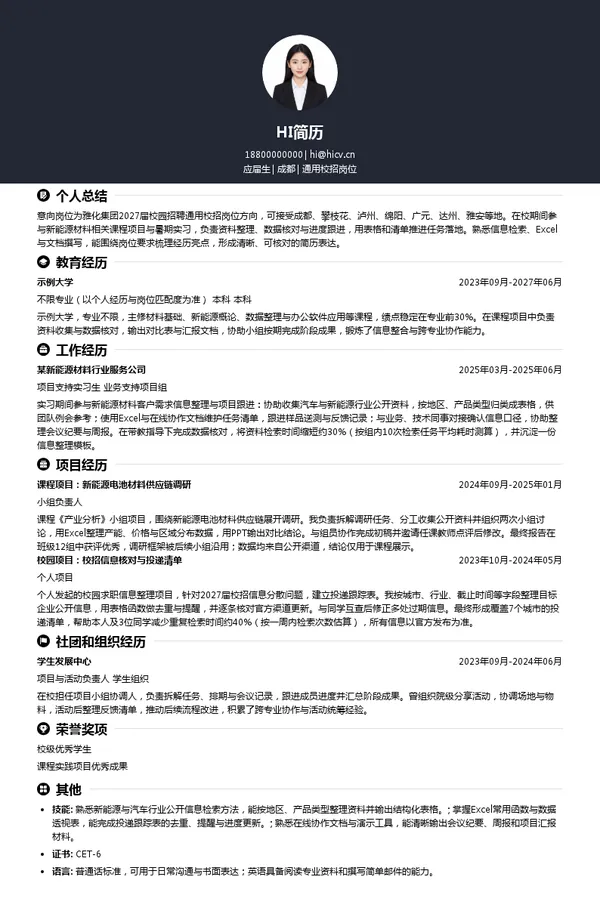 雅化集团通用校招岗位投递简历模板
