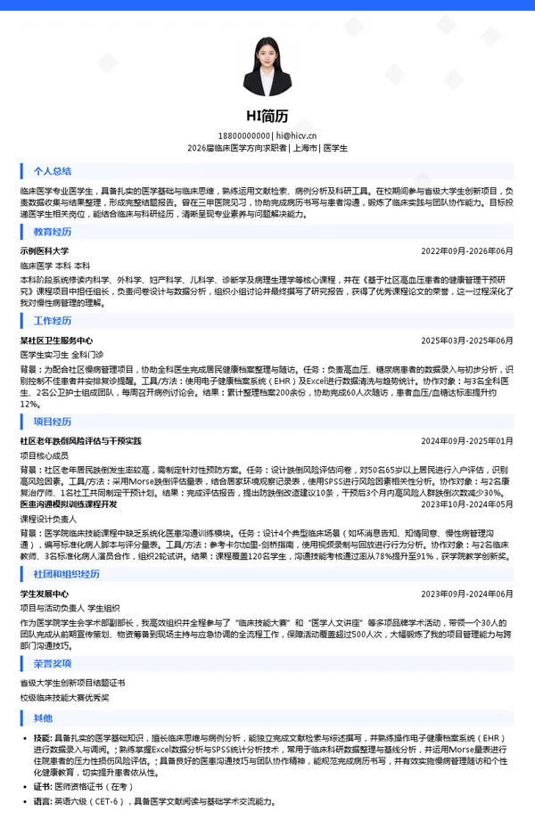 免费医学生简历模板