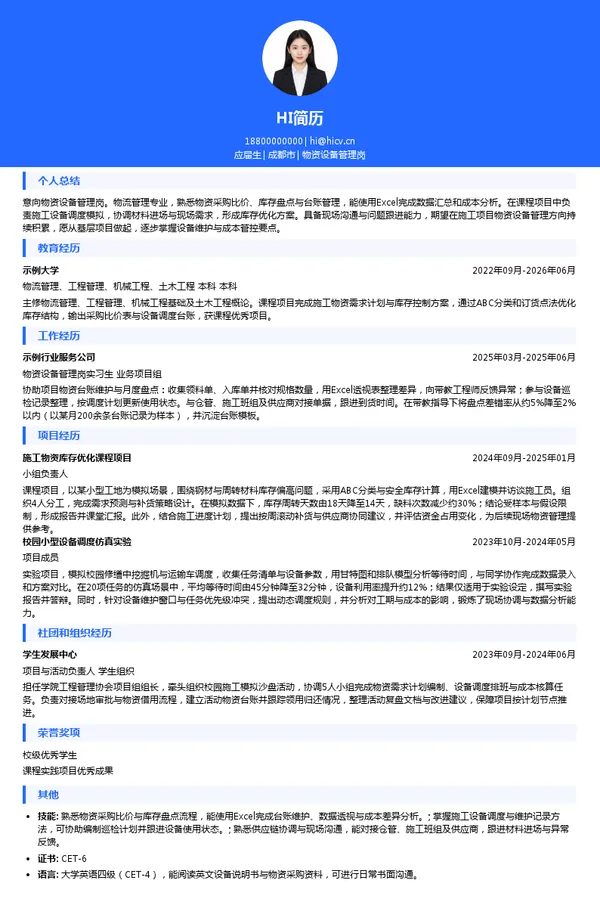 中国葛洲坝集团第二工程有限公司物资设备管理岗投递简历模板