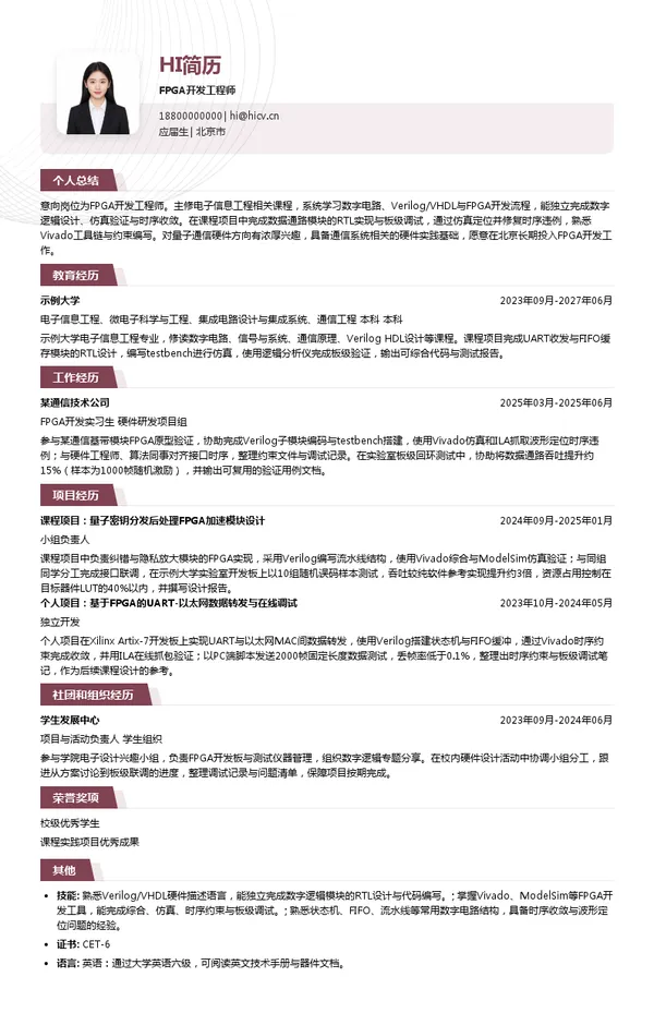 北京天工旺量子科技有限公司FPGA开发工程师投递简历模板