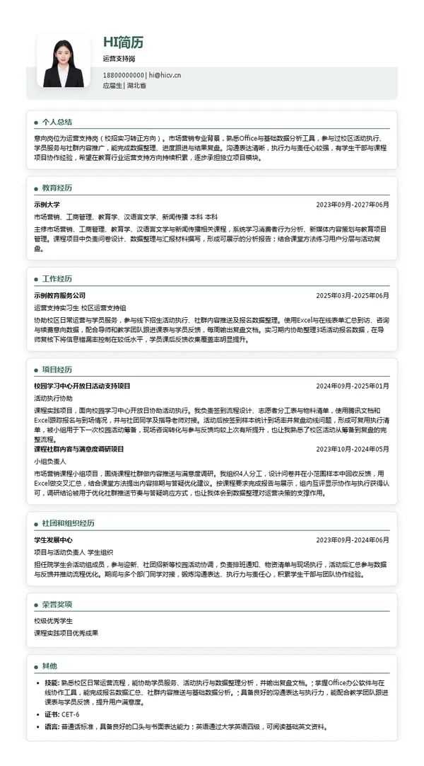 湖北新东方运营支持岗投递简历模板