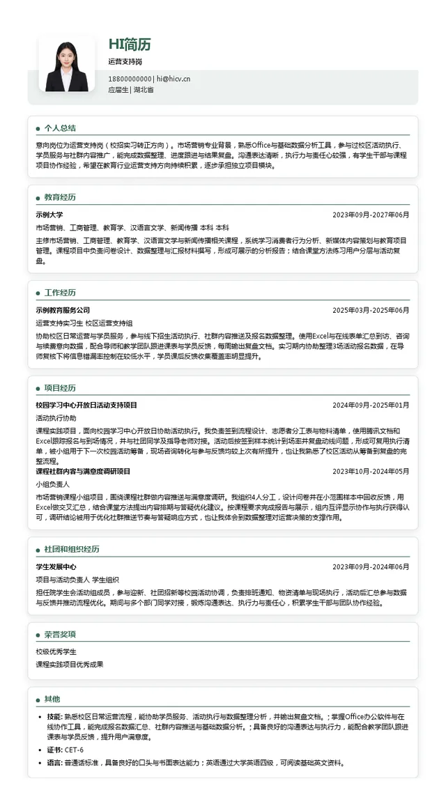 湖北新东方运营支持岗投递简历模板