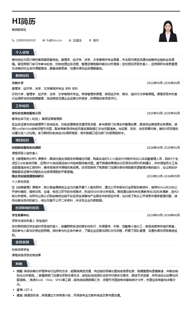 四川商投集团集团管培生投递简历模板