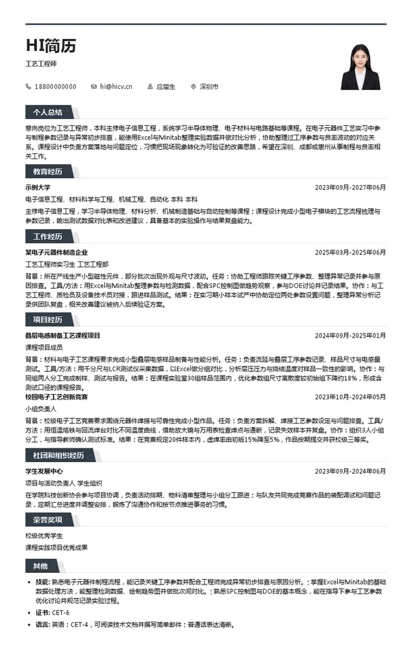 深圳市麦捷微电子科技股份有限公司工艺工程师投递简历模板