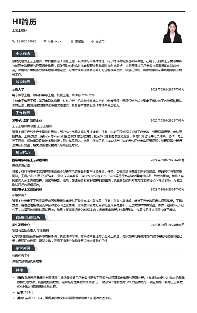 深圳市麦捷微电子科技股份有限公司工艺工程师投递简历模板