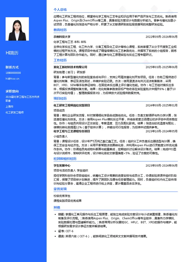 化工研发工程师简历模板