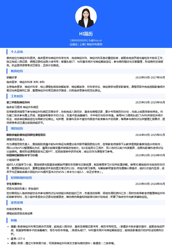 上海德济医院神经外科医师投递简历模板