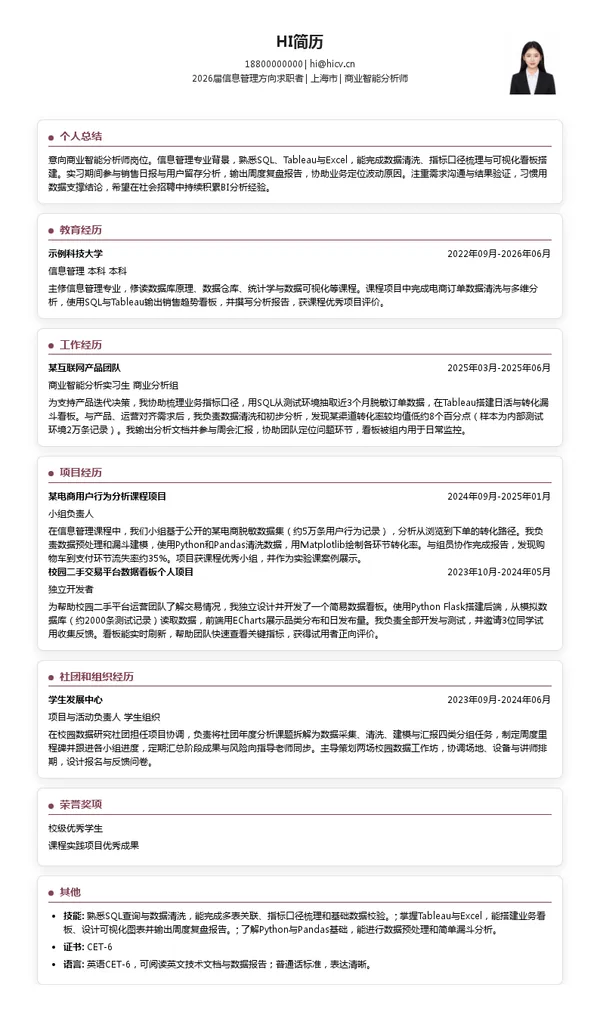 商业智能分析师简历模板