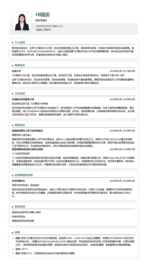 西北工业集团有限公司航空类岗位投递简历模板