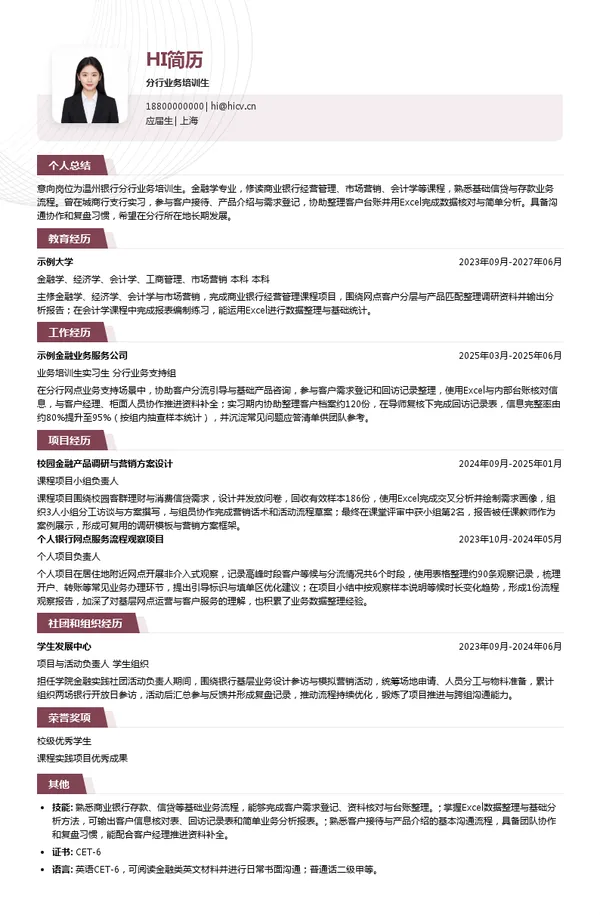 温州银行分行业务培训生投递简历模板