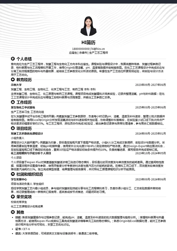 安徽华恒生物科技股份有限公司生产工艺工程师投递简历模板