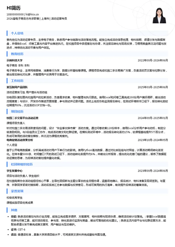 活动运营专员简历模板