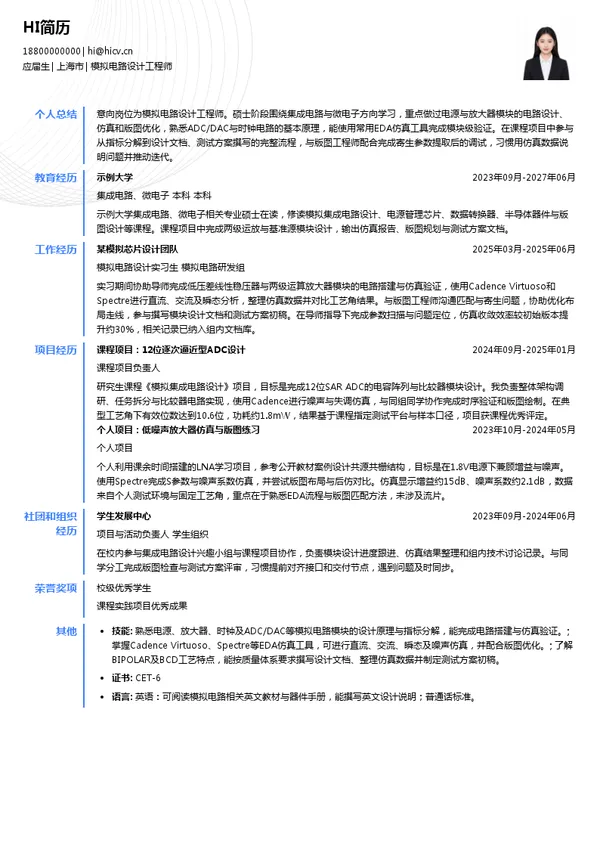 上海鲲能锐芯半导体技术有限公司模拟电路设计工程师投递简历模板