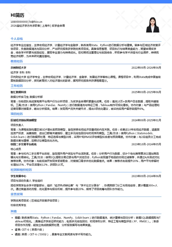 应届生奖学金申请简历模板