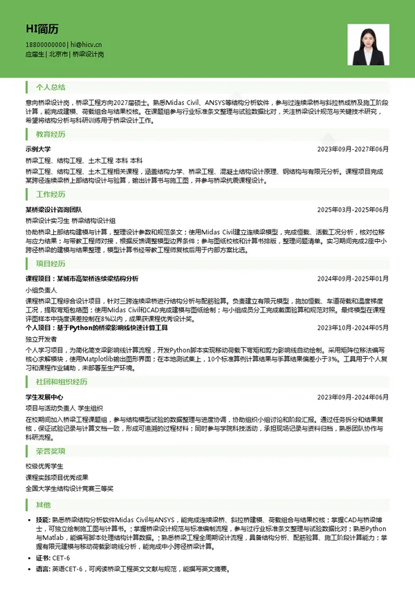 中交公路规划设计院有限公司桥梁设计岗投递简历模板
