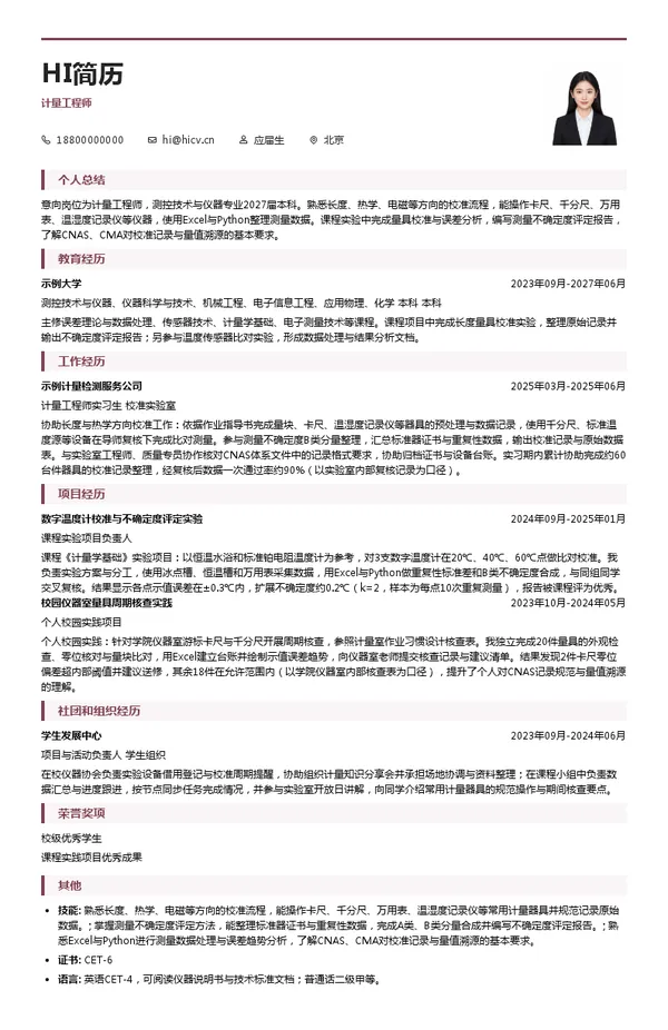 中国广电网络股份有限公司计量工程师投递简历模板