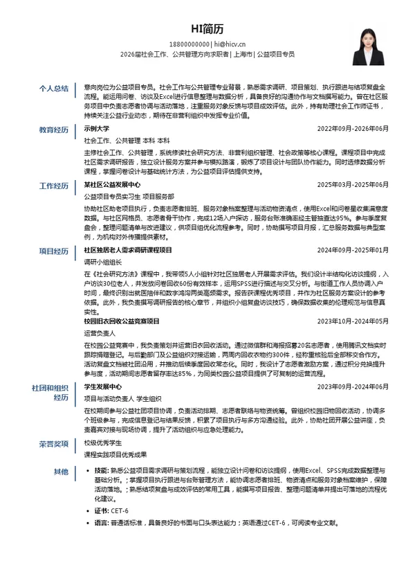 社招公益项目专员简历模板