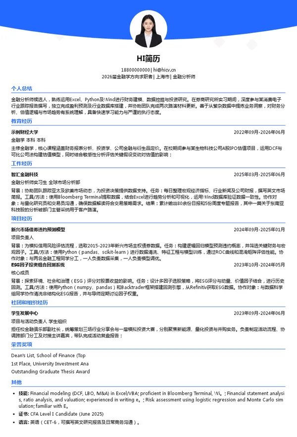 英文金融分析师简历模板