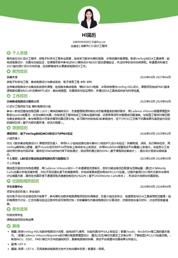 四川遂宁市利普芯微电子有限公司IC设计工程师投递简历模板