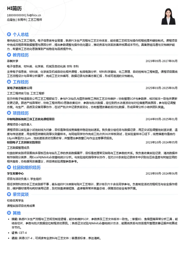 东莞美维电路有限公司工艺工程师投递简历模板