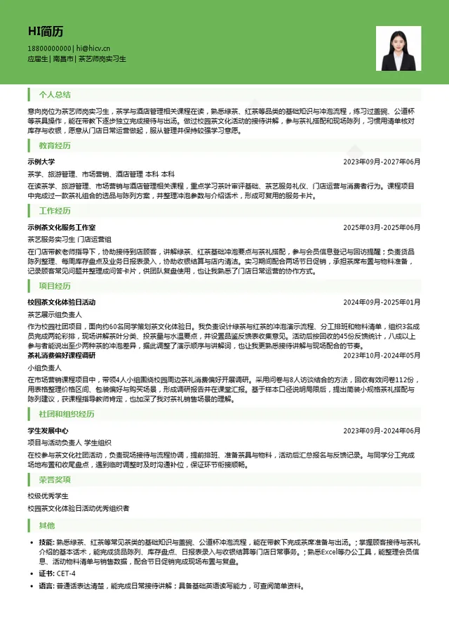 江西省茶业集团有限公司茶艺师岗实习生投递简历模板