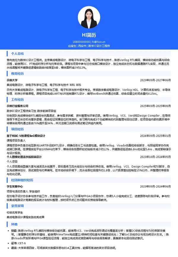 叩持电子数字IC设计工程师投递简历模板