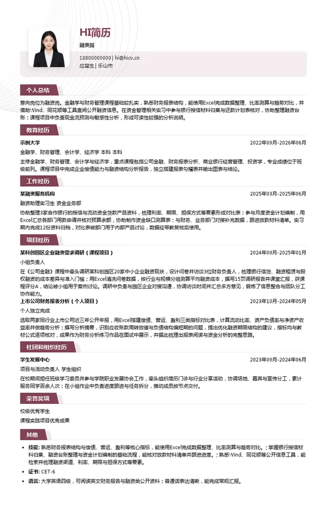 乐山科创集团融资岗投递简历模板