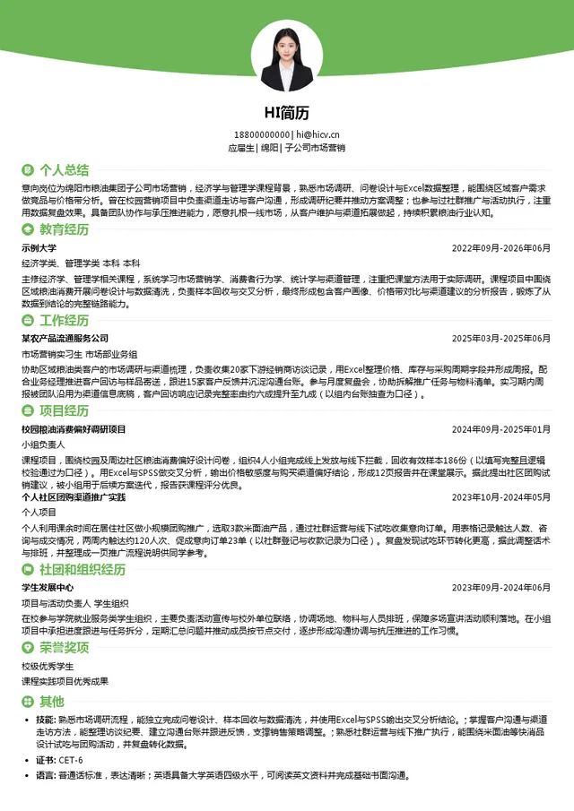 绵阳市粮油集团子公司市场营销投递简历模板