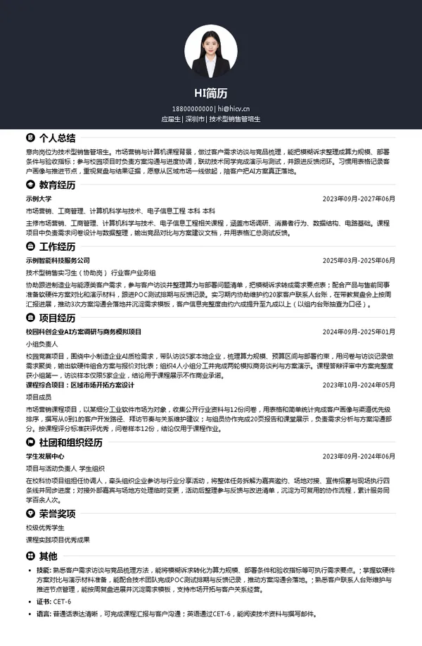 深圳鲲云信息科技有限公司技术型销售管培生投递简历模板