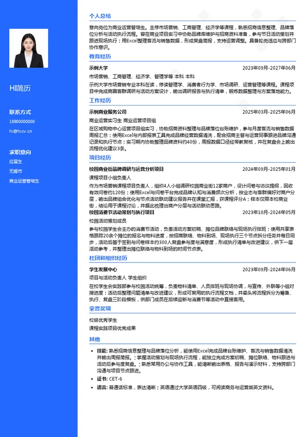 亳州华地商业管理有限公司商业运营管培生投递简历模板