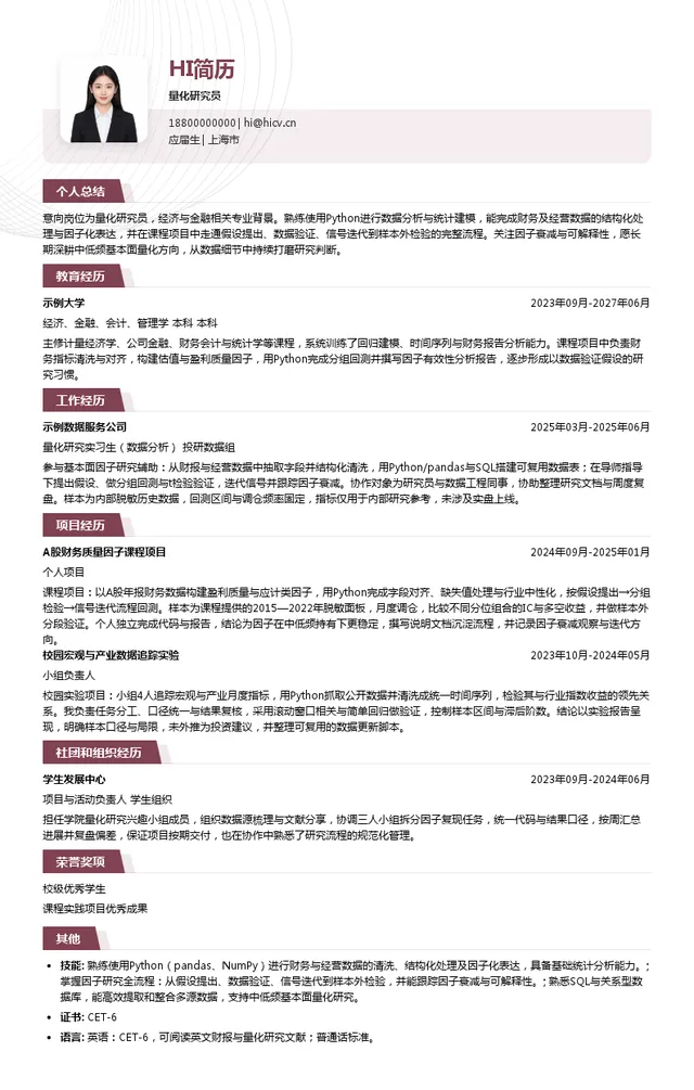 上海今通投资管理有限公司量化研究员投递简历模板