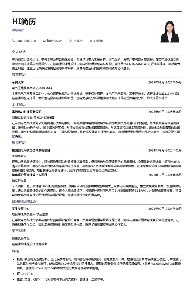 国网北京市电力公司调控运行投递简历模板