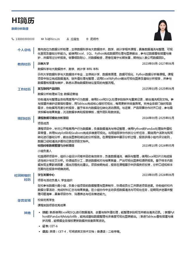 昆明蝶云科技数据分析助理投递简历模板