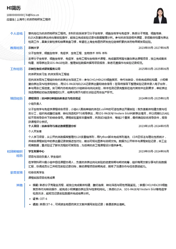 智翔金泰生物抗体药物研发工程师投递简历模板