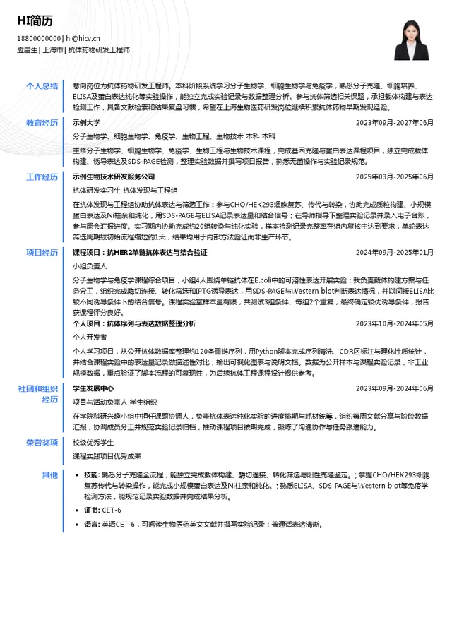 智翔金泰生物抗体药物研发工程师投递简历模板