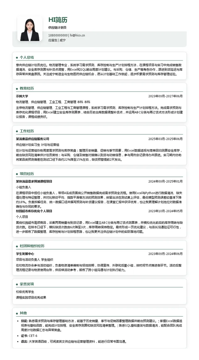 稳健医疗(崇阳)供应链计划员投递简历模板