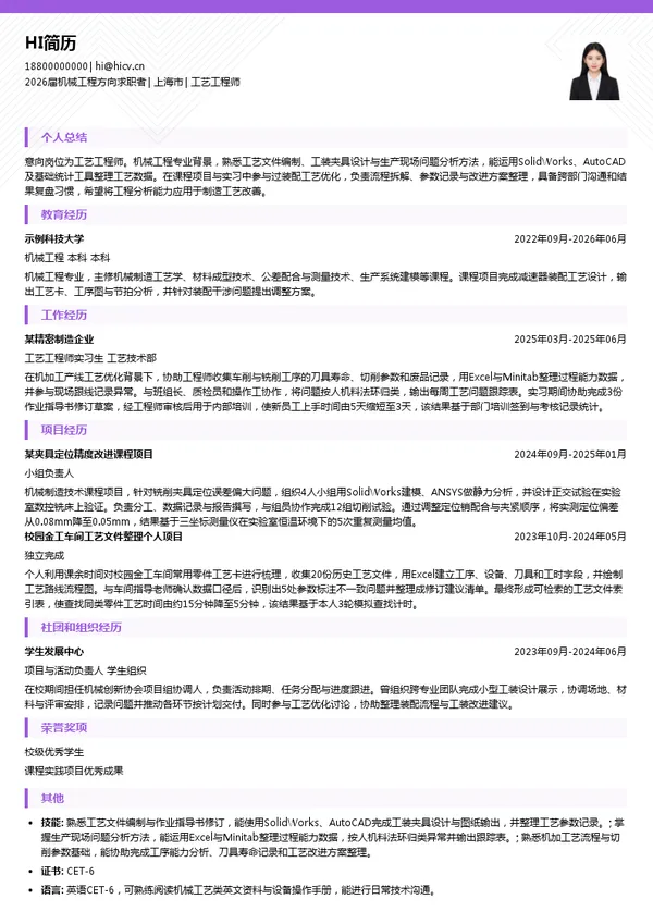 工艺工程师简历模板
