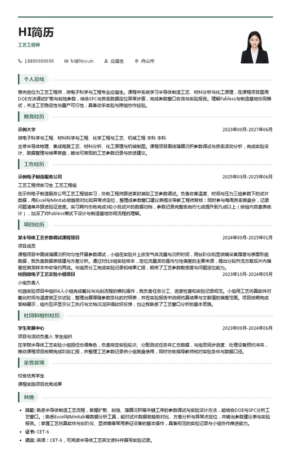 深圳市威兆半导体股份有限公司工艺工程师投递简历模板