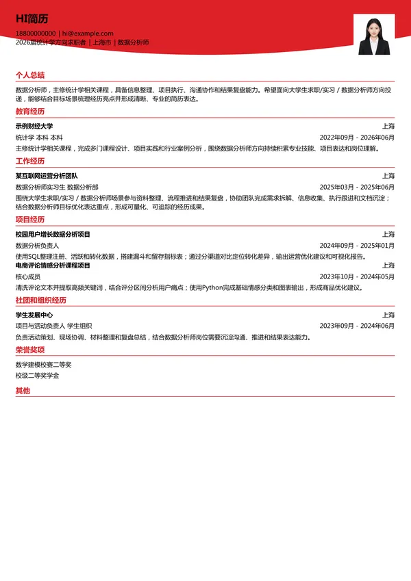 大学生数据分析师简历模板
