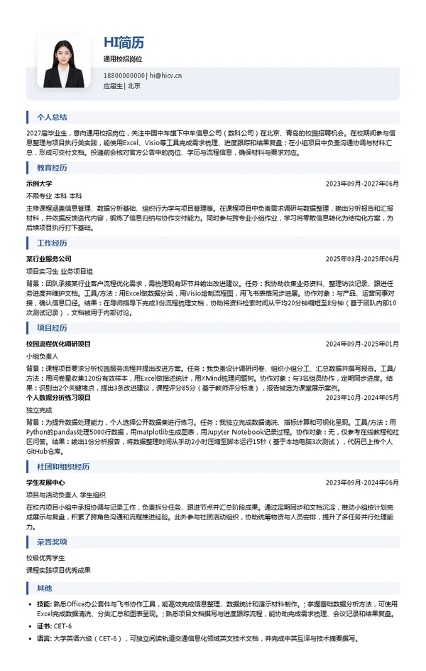 中国中车通用校招岗位投递简历模板