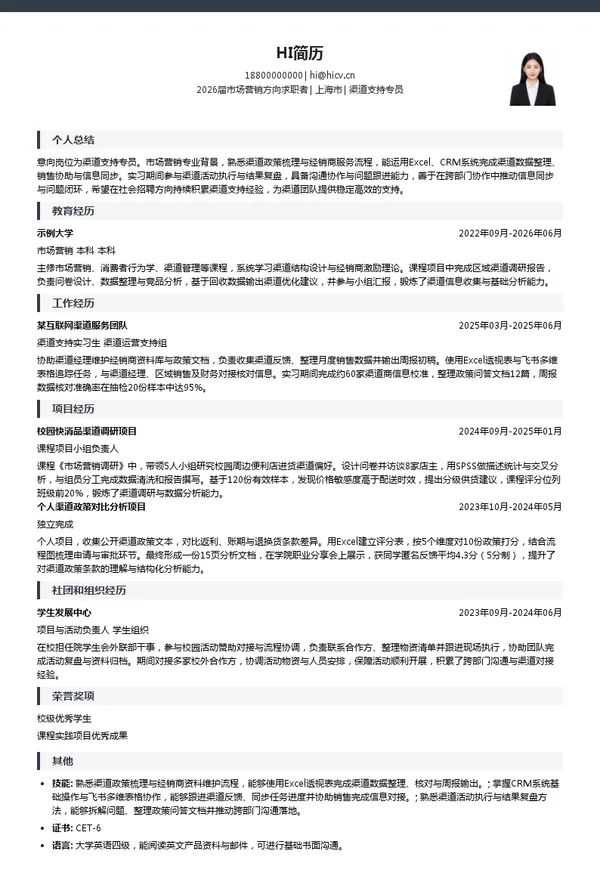 渠道支持专员简历模板